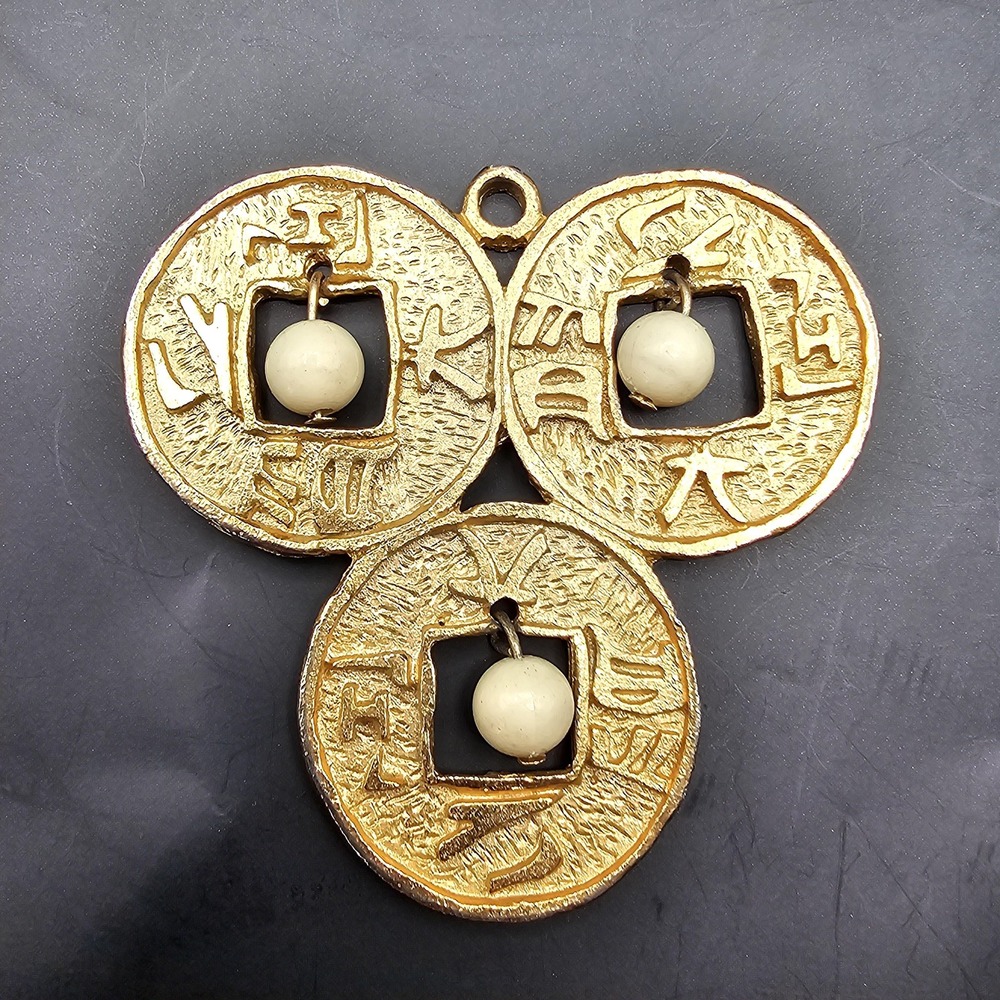 Vintage Unique Triple Asian Coin Pendant Beaded Gold Tone Large 2.5in SIGNED LJM